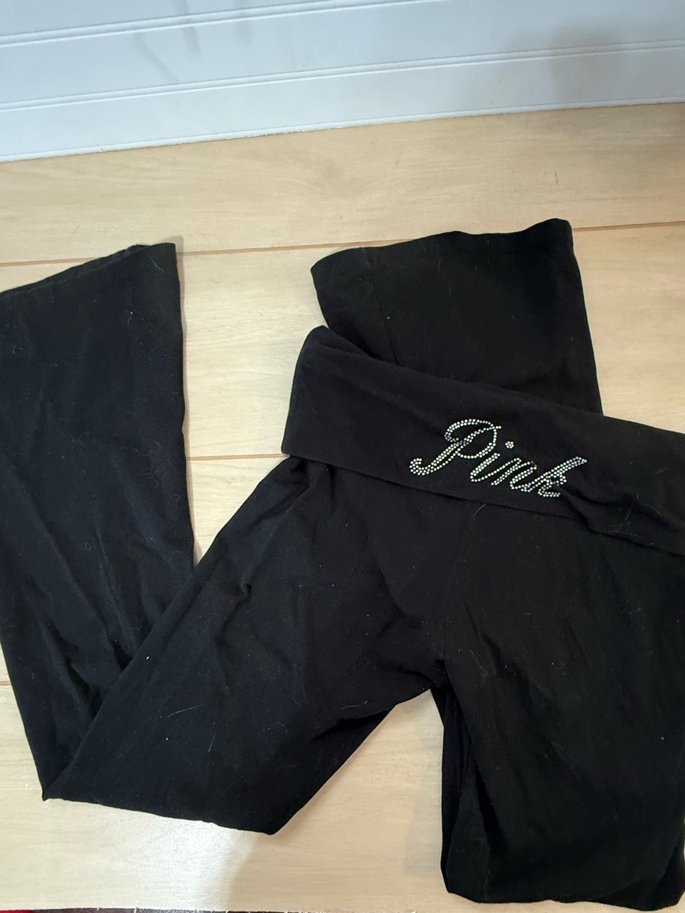 PINK Rhinestone Embellished Black Fold-Over Waist Boot Cut Leggings Large